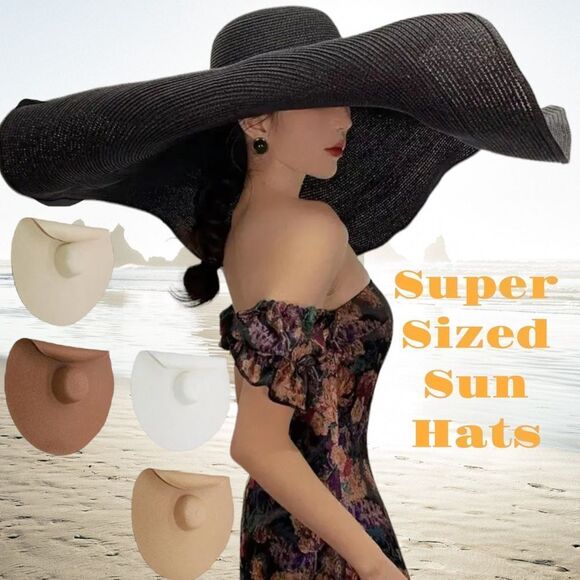 Black Adjustable White Trim Floppy Wide Brim Summer Straw Sun Hat NEW - Picture 2 of 4